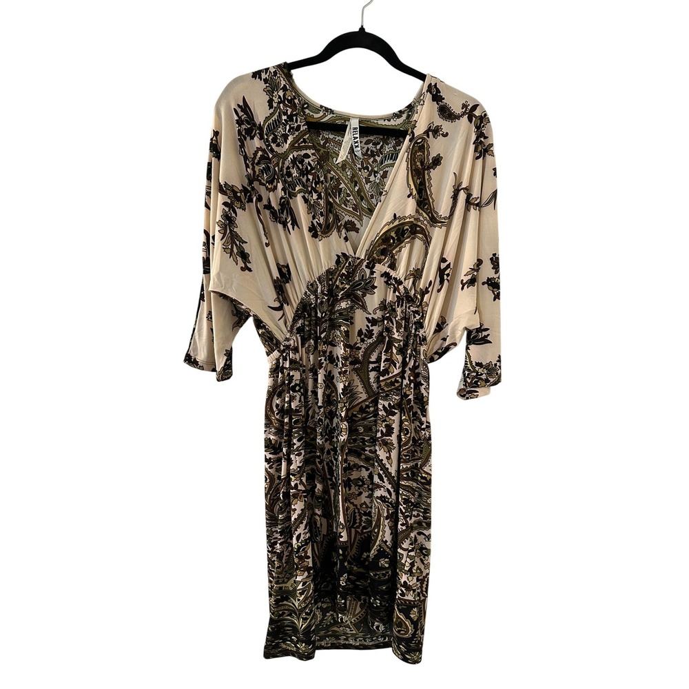 Relaxx by Exist Womens 2X Paisley‎ V-Neck Dolman Sleeve Empire Waist Dress Olive